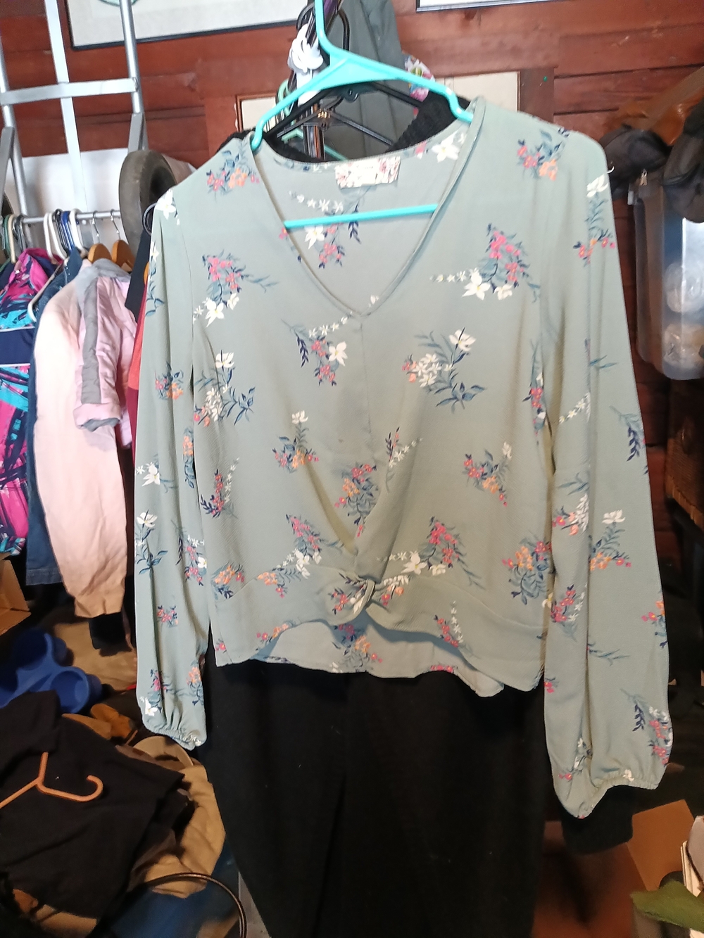 Pink Republic Sage Green Floral Twist-Front V-Neck Blouse